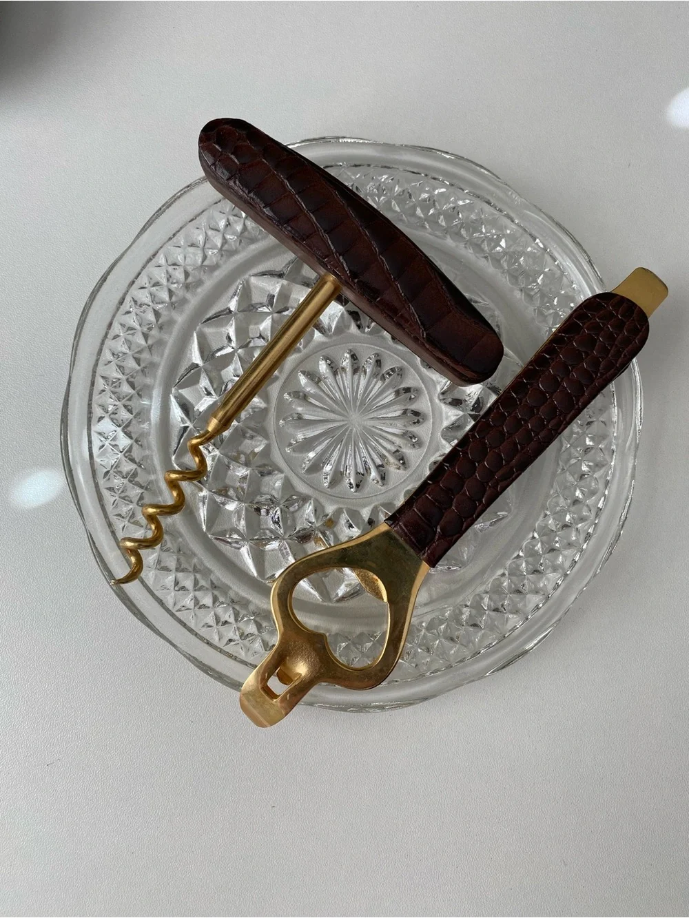 Vintage mid-century brass and faux-crocodile leather bar set.